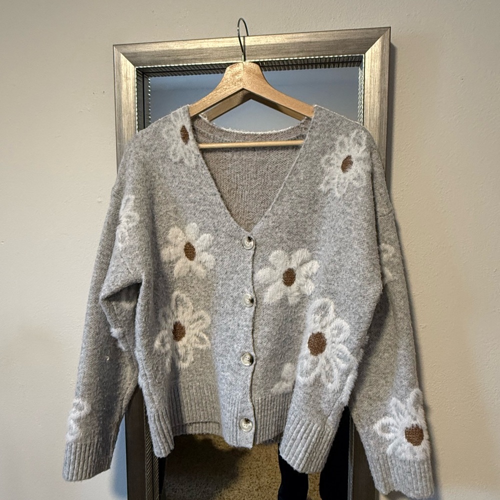 Gray Floral Button-Up Sweater
